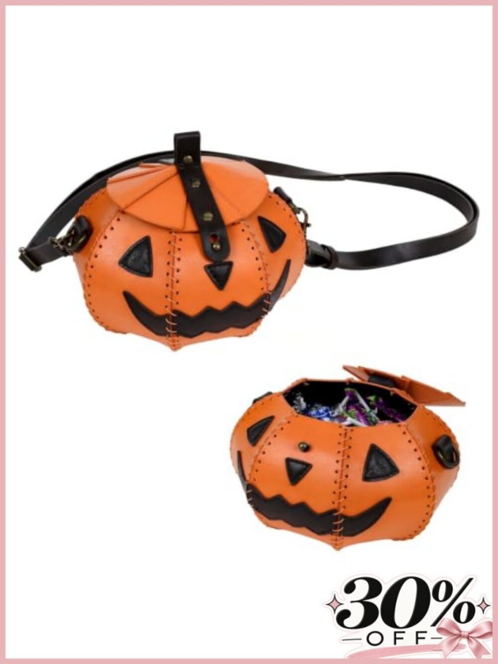 Faux Leather Pumpkin Crossbody Bag Adjustable Strap Halloween Trick or Treat